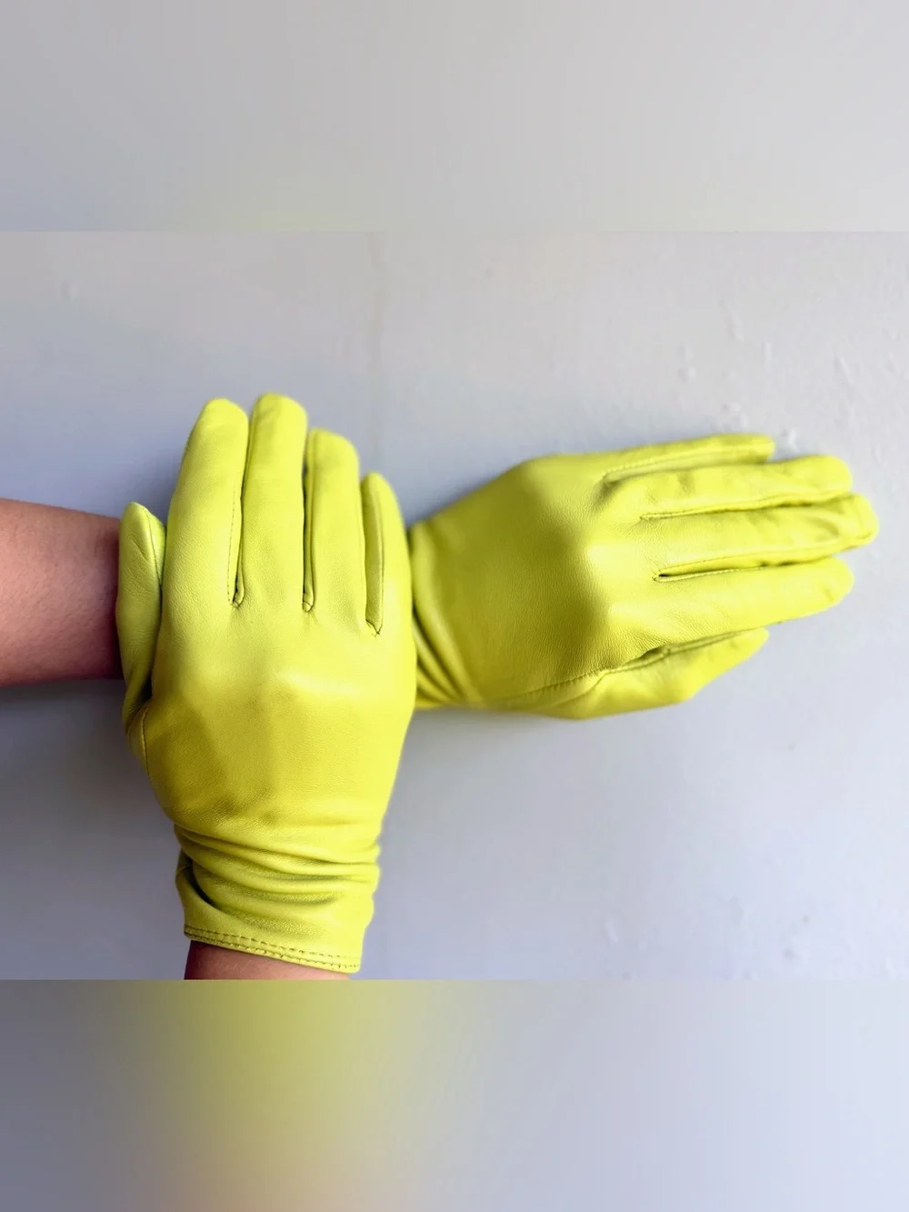 Neon Lime Green Genuine Leather Gloves Soft Leather Size S